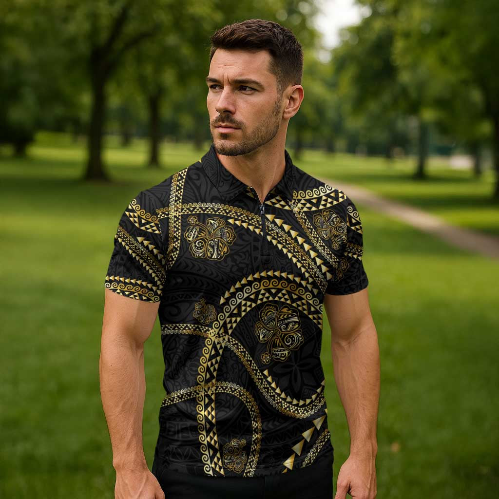 Hawaiian Kakau Art and Hibiscus Tattoo Zipper Polo Shirt Tribal Pattern-Gold Style LT03 - Polynesian Pride