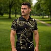Hawaiian Kakau Art and Hibiscus Tattoo Zipper Polo Shirt Tribal Pattern-Gold Style LT03 - Polynesian Pride
