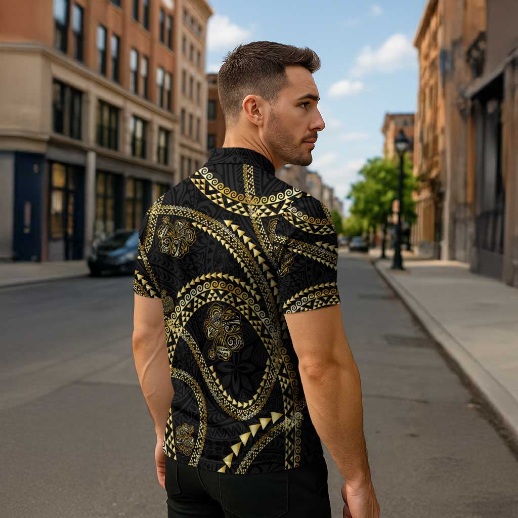 Hawaiian Kakau Art and Hibiscus Tattoo Zipper Polo Shirt Tribal Pattern-Gold Style LT03 - Polynesian Pride