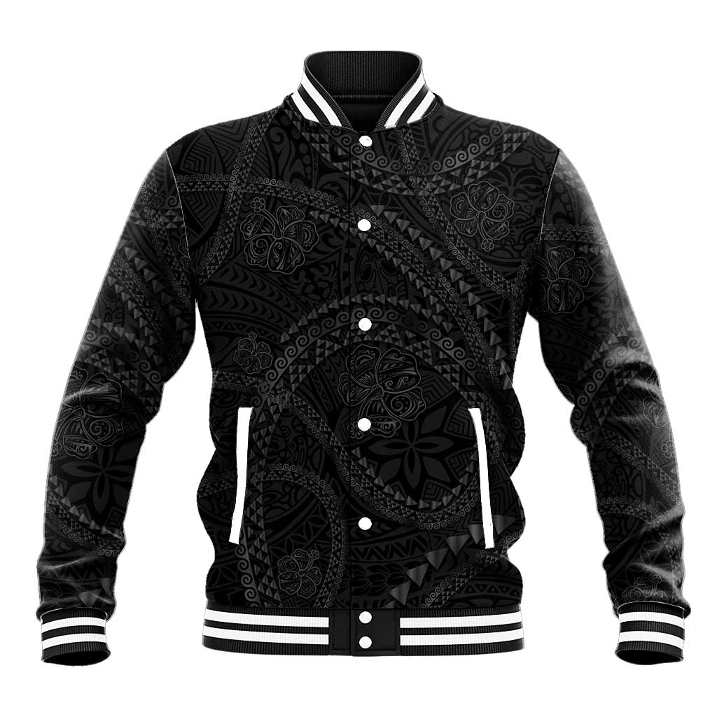 Hawaiian Kakau Art and Hisbiscus Tattoo Baseball Jacket Tribal Pattern-Black Gradient Style LT03 Unisex Black - Polynesian Pride
