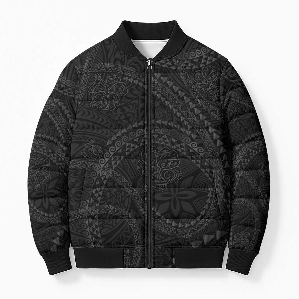 Hawaiian Kakau Art and Hisbiscus Tattoo Bomber Puffer Jacket Tribal Pattern-Black Gradient Style LT03 Unisex Black - Polynesian Pride
