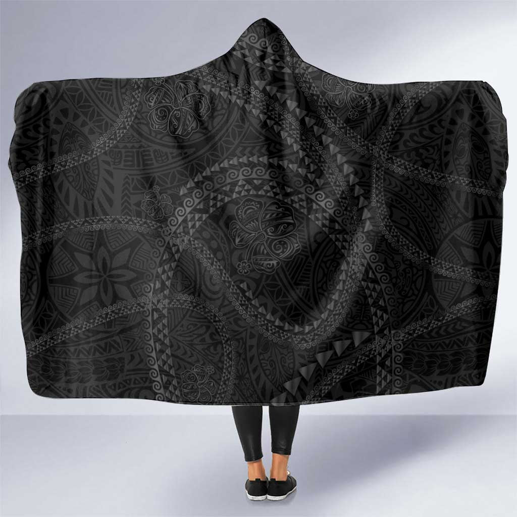 Hawaiian Kakau Art and Hisbiscus Tattoo Hooded Blanket Tribal Pattern-Black Gradient Style LT03 One Size Black - Polynesian Pride