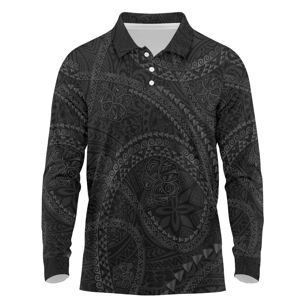 Hawaiian Kakau Art and Hisbiscus Tattoo Long Sleeve Polo Shirt Tribal Pattern-Black Gradient Style LT03 Black - Polynesian Pride