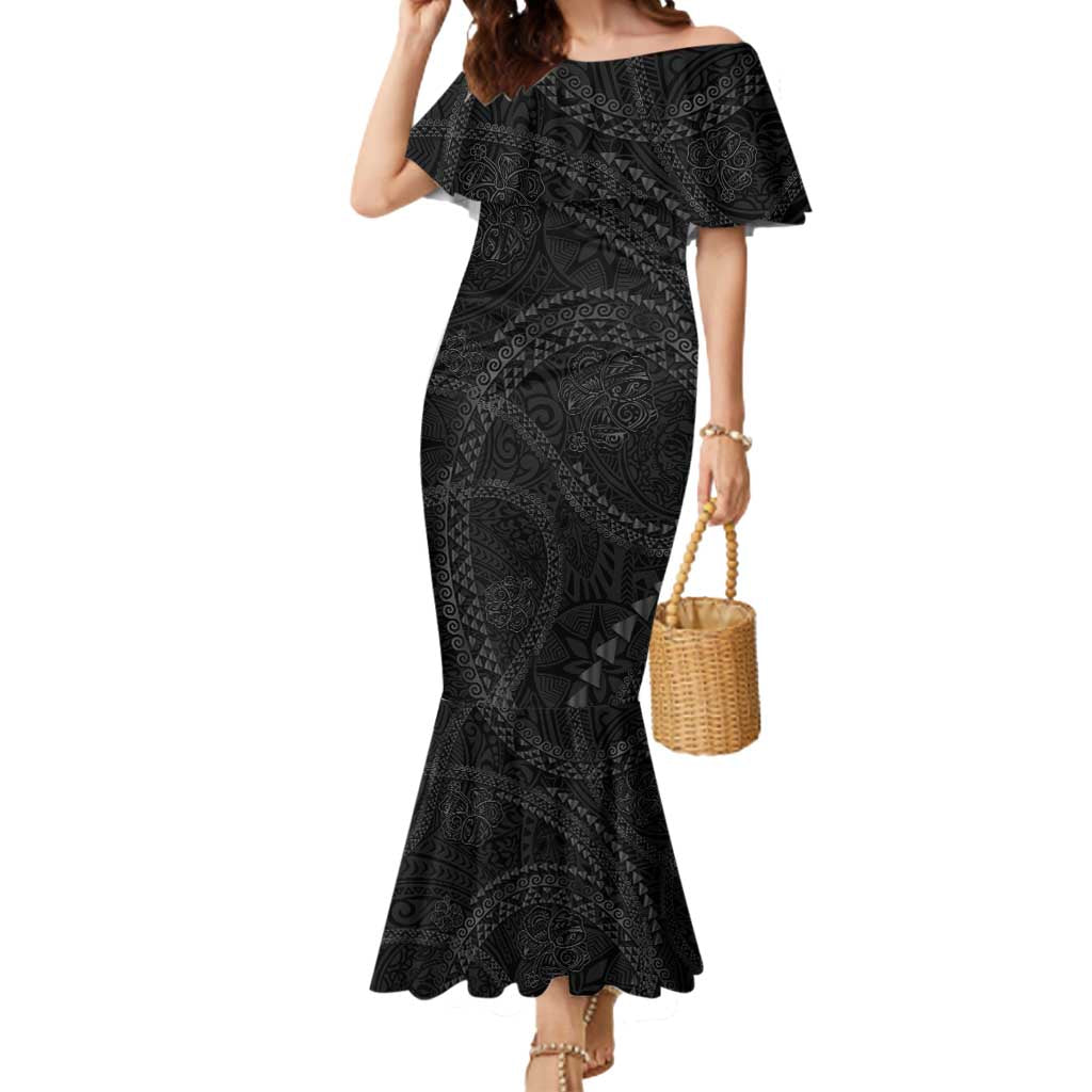 Hawaiian Kakau Art and Hisbiscus Tattoo Mermaid Dress Tribal Pattern-Black Gradient Style LT03 Women Black - Polynesian Pride