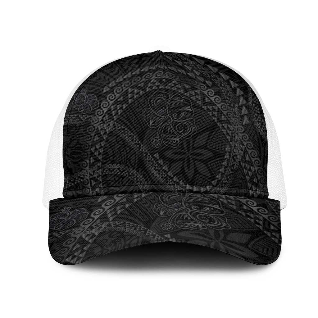 Hawaiian Kakau Art and Hisbiscus Tattoo Mesh Trucker Cap Tribal Pattern-Black Gradient Style LT03 One Size White Black - Polynesian Pride