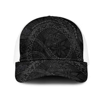 Hawaiian Kakau Art and Hisbiscus Tattoo Mesh Trucker Cap Tribal Pattern-Black Gradient Style LT03 One Size White Black - Polynesian Pride