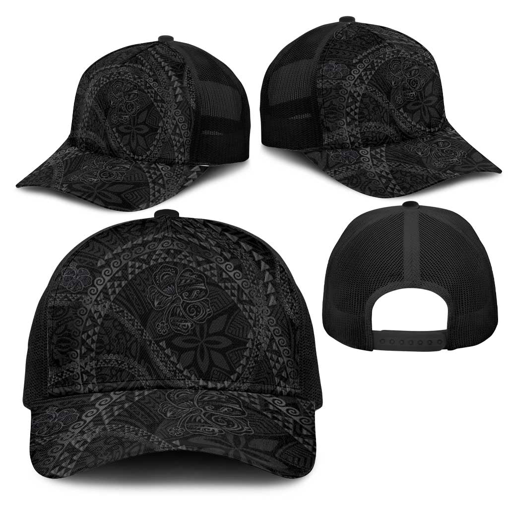 Hawaiian Kakau Art and Hisbiscus Tattoo Mesh Trucker Cap Tribal Pattern-Black Gradient Style LT03 - Polynesian Pride
