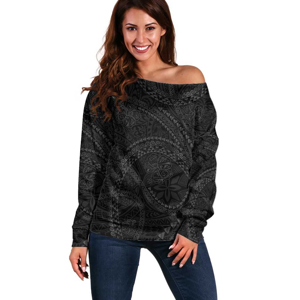 Hawaiian Kakau Art and Hisbiscus Tattoo Off Shoulder Sweater Tribal Pattern-Black Gradient Style LT03 Women Black - Polynesian Pride