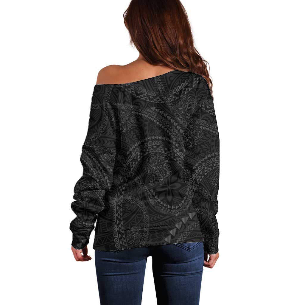 Hawaiian Kakau Art and Hisbiscus Tattoo Off Shoulder Sweater Tribal Pattern-Black Gradient Style LT03 - Polynesian Pride