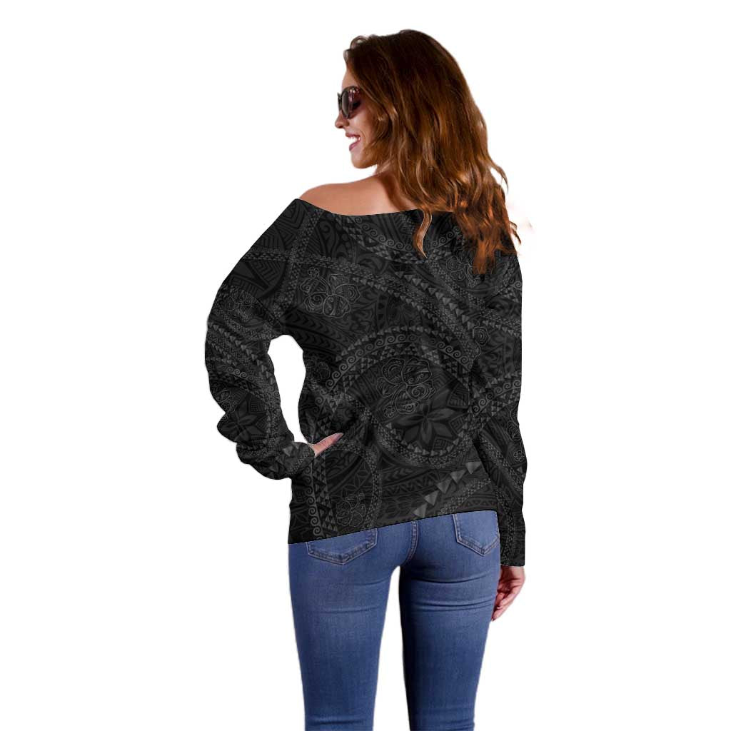 Hawaiian Kakau Art and Hisbiscus Tattoo Off Shoulder Sweater Tribal Pattern-Black Gradient Style LT03 - Polynesian Pride