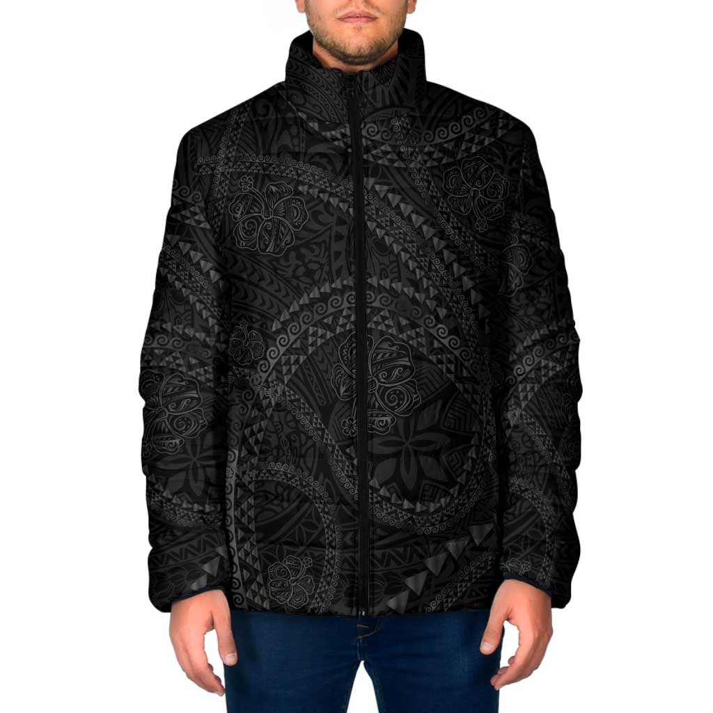 Hawaiian Kakau Art and Hisbiscus Tattoo Padded Jacket Tribal Pattern-Black Gradient Style LT03 Men Black - Polynesian Pride