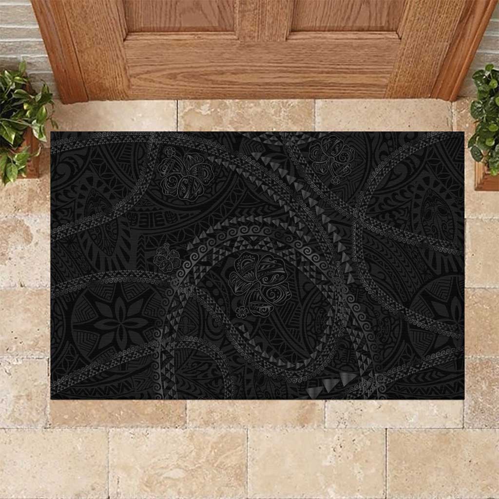 Hawaiian Kakau Art and Hisbiscus Tattoo Rubber Doormat Tribal Pattern-Black Gradient Style LT03 Black - Polynesian Pride