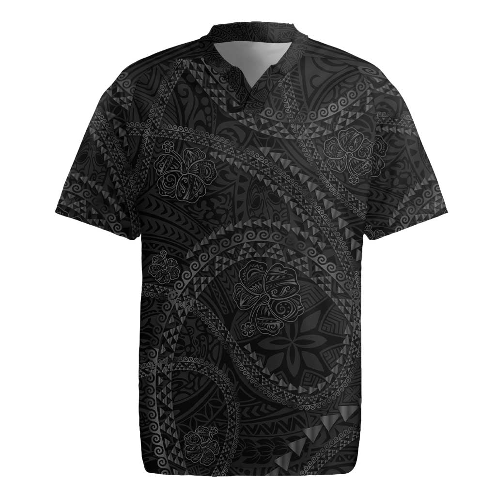 Hawaiian Kakau Art and Hibiscus Tattoo Rugby Jersey Tribal Pattern-Black Gradient Style LT03 Black - Polynesian Pride