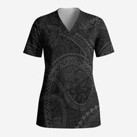 Hawaiian Kakau Art and Hisbiscus Tattoo Scrub Top Tribal Pattern-Black Gradient Style LT03 Adult Black - Polynesian Pride