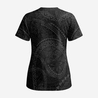Hawaiian Kakau Art and Hisbiscus Tattoo Scrub Top Tribal Pattern-Black Gradient Style LT03 - Polynesian Pride