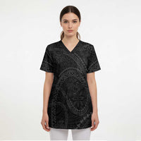 Hawaiian Kakau Art and Hisbiscus Tattoo Scrub Top Tribal Pattern-Black Gradient Style LT03 - Polynesian Pride