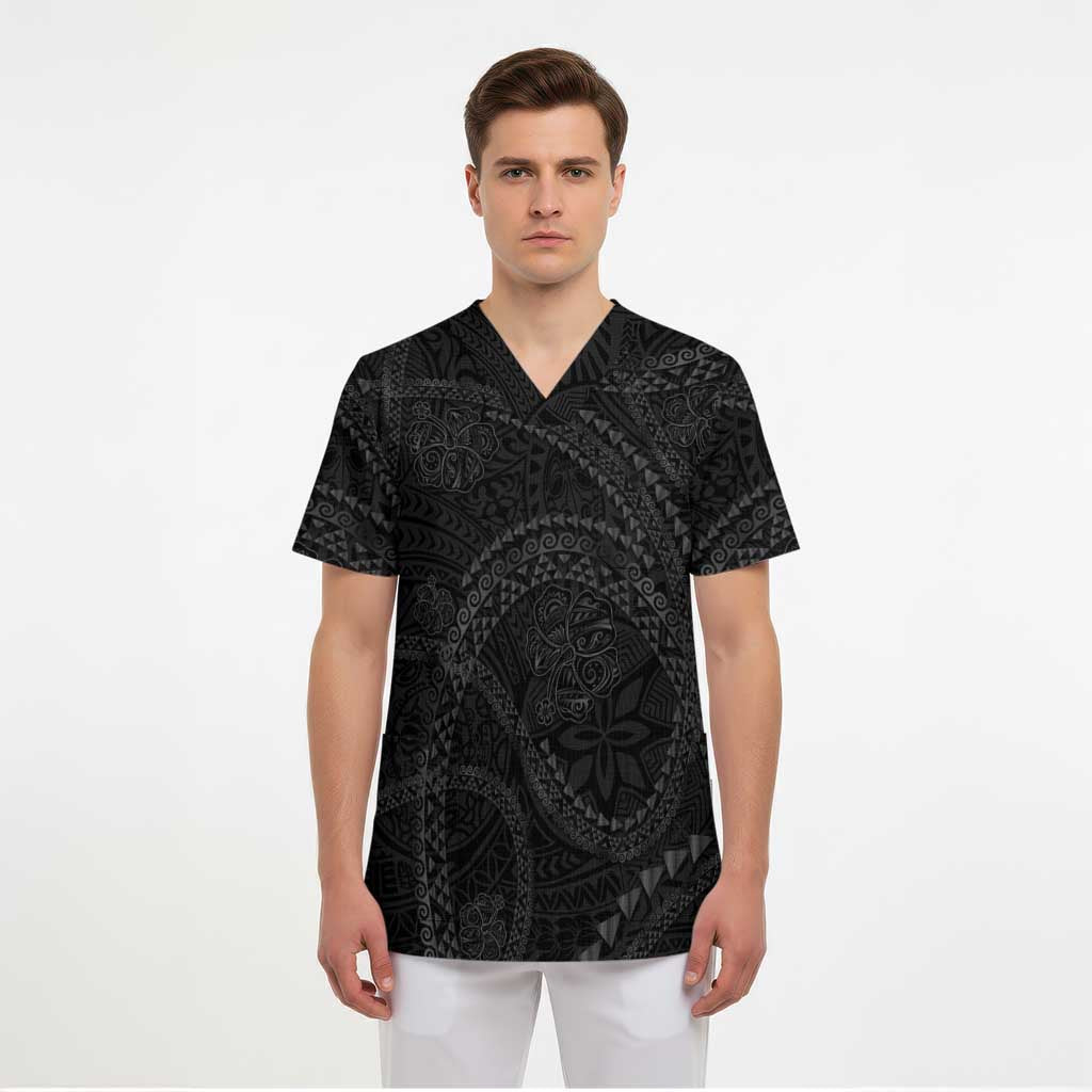 Hawaiian Kakau Art and Hisbiscus Tattoo Scrub Top Tribal Pattern-Black Gradient Style LT03 - Polynesian Pride