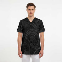 Hawaiian Kakau Art and Hisbiscus Tattoo Scrub Top Tribal Pattern-Black Gradient Style LT03 - Polynesian Pride