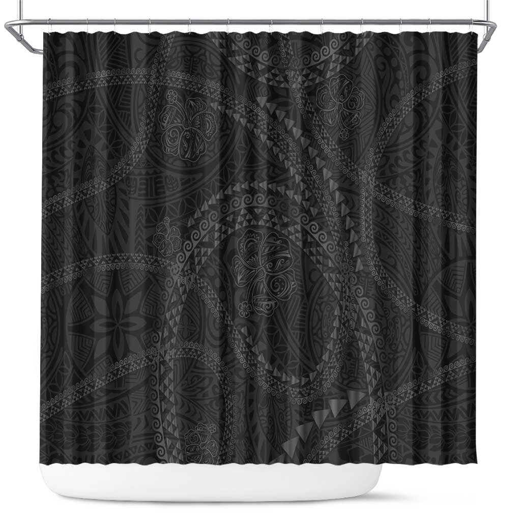 Hawaiian Kakau Art and Hisbiscus Tattoo Shower Curtain Tribal Pattern-Black Gradient Style LT03 Black - Polynesian Pride