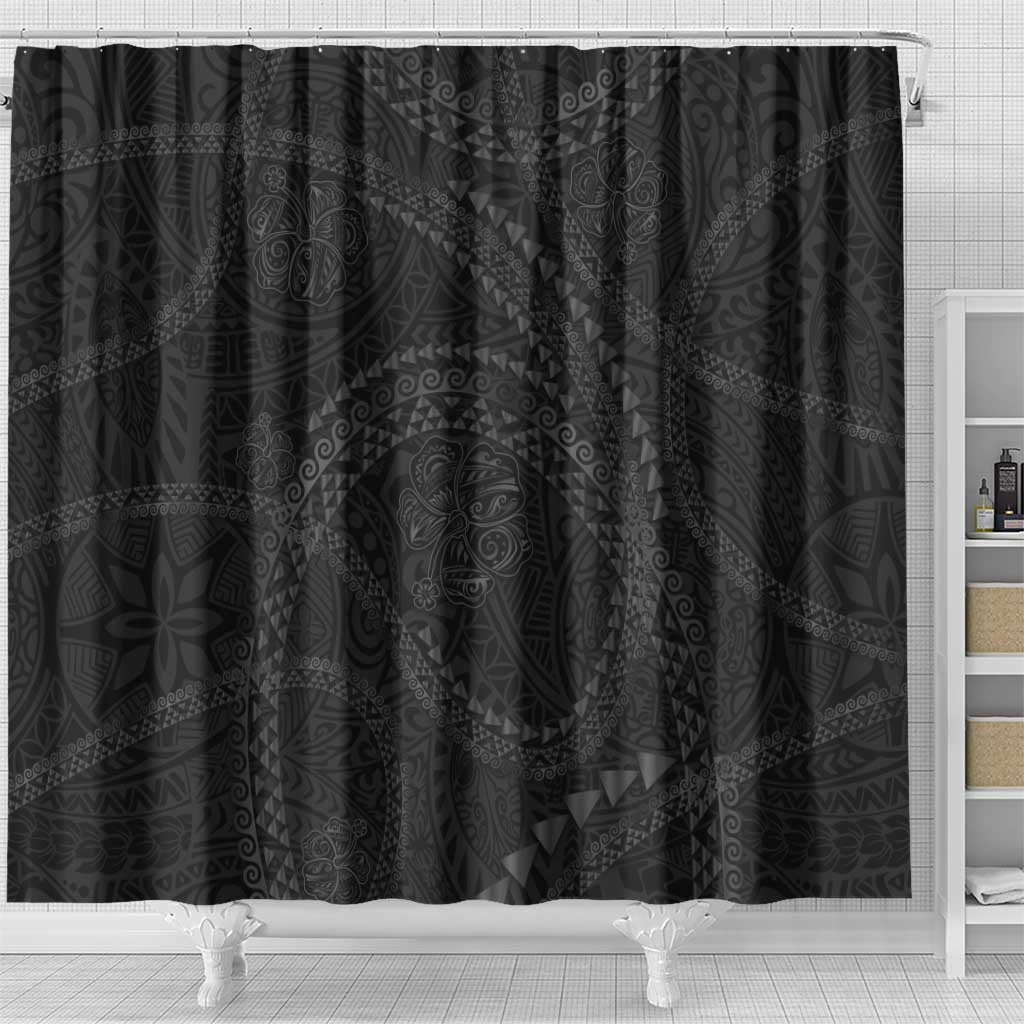 Hawaiian Kakau Art and Hisbiscus Tattoo Shower Curtain Tribal Pattern-Black Gradient Style LT03 - Polynesian Pride