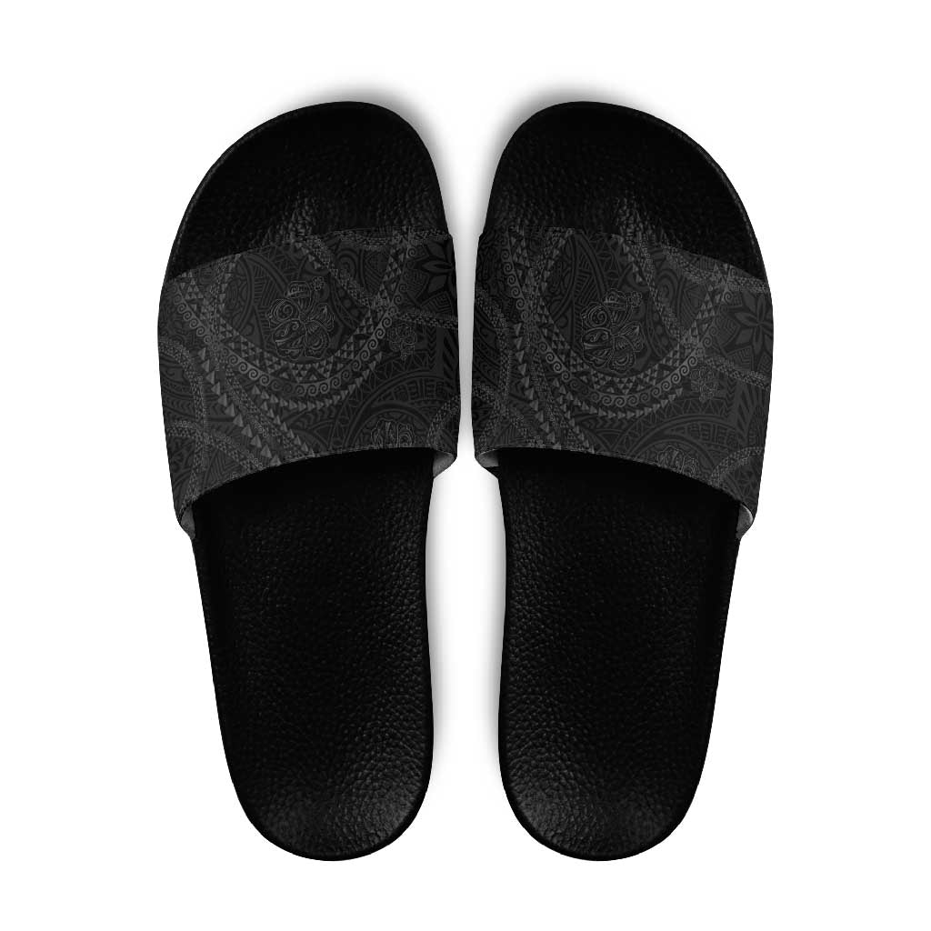 Hawaiian Kakau Art and Hisbiscus Tattoo Slide Sandals Tribal Pattern-Black Gradient Style LT03 Black - Polynesian Pride