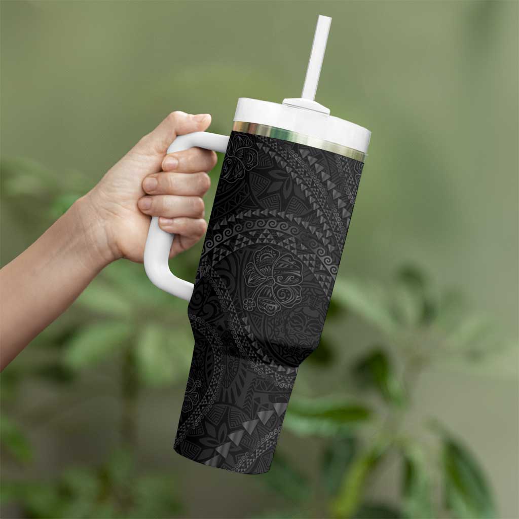 Hawaiian Kakau Art and Hisbiscus Tattoo Tumbler With Handle Tribal Pattern-Black Gradient Style LT03 - Polynesian Pride