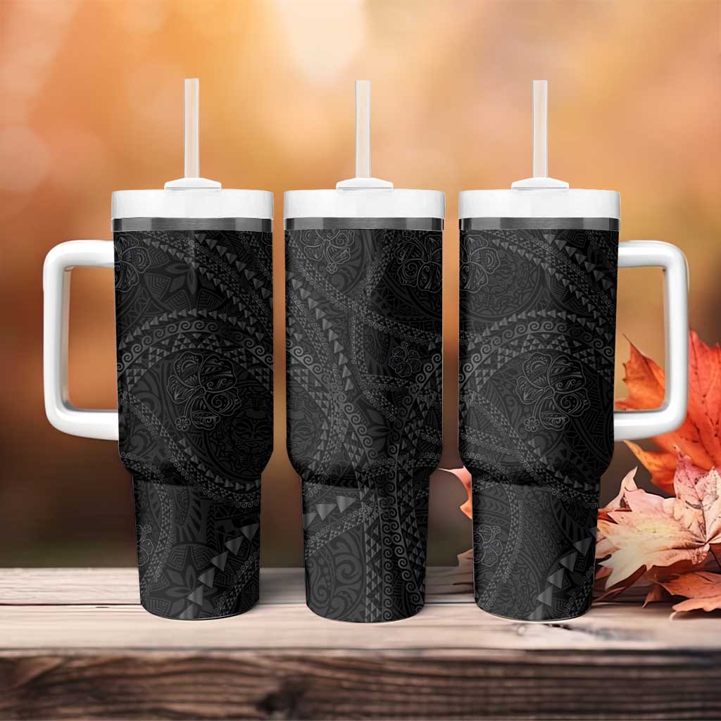 Hawaiian Kakau Art and Hisbiscus Tattoo Tumbler With Handle Tribal Pattern-Black Gradient Style LT03 - Polynesian Pride