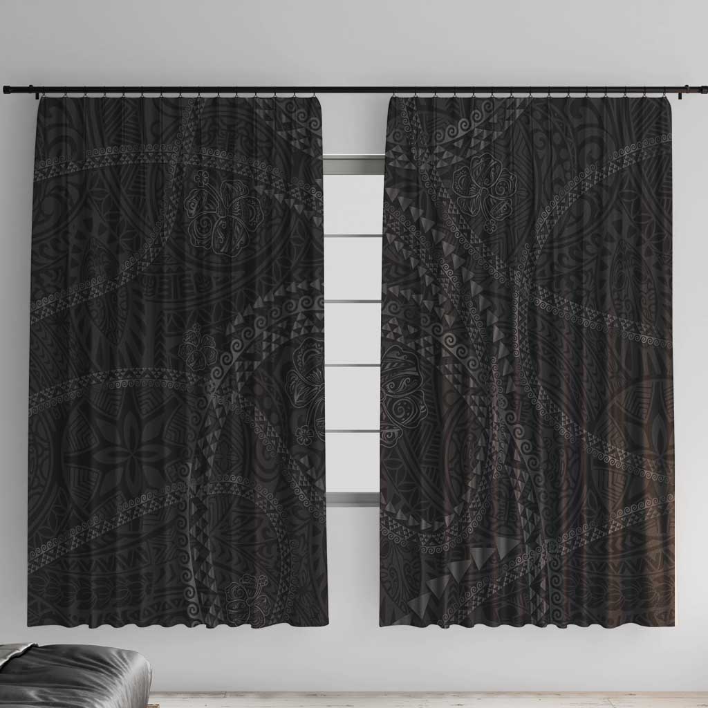 Hawaiian Kakau Art and Hisbiscus Tattoo Window Curtain Tribal Pattern-Black Gradient Style LT03 With Hooks Black - Polynesian Pride