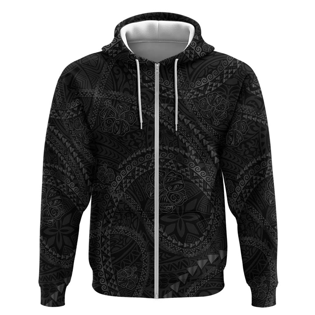 Hawaiian Kakau Art and Hisbiscus Tattoo Zip Hoodie Tribal Pattern-Black Gradient Style LT03 Zip Hoodie Black - Polynesian Pride