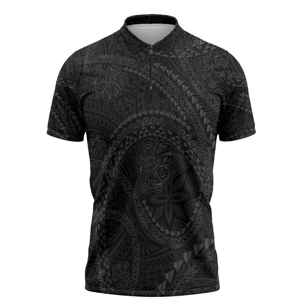 Hawaiian Kakau Art and Hisbiscus Tattoo Zipper Polo Shirt Tribal Pattern-Black Gradient Style LT03 Black - Polynesian Pride