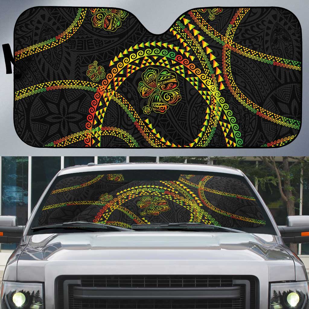 Hawaiian Kakau Art and Hisbiscus Tattoo Auto Sun Shade Tribal Pattern-Reggae Style LT03 Black - Polynesian Pride
