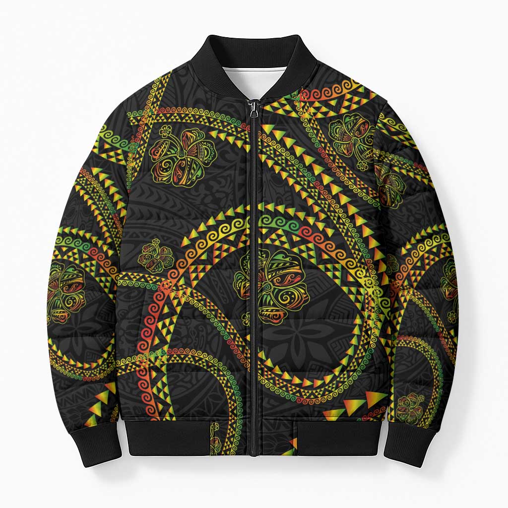 Hawaiian Kakau Art and Hisbiscus Tattoo Bomber Puffer Jacket Tribal Pattern-Reggae Style LT03 Unisex Black - Polynesian Pride