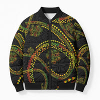 Hawaiian Kakau Art and Hisbiscus Tattoo Bomber Puffer Jacket Tribal Pattern-Reggae Style LT03 Unisex Black - Polynesian Pride