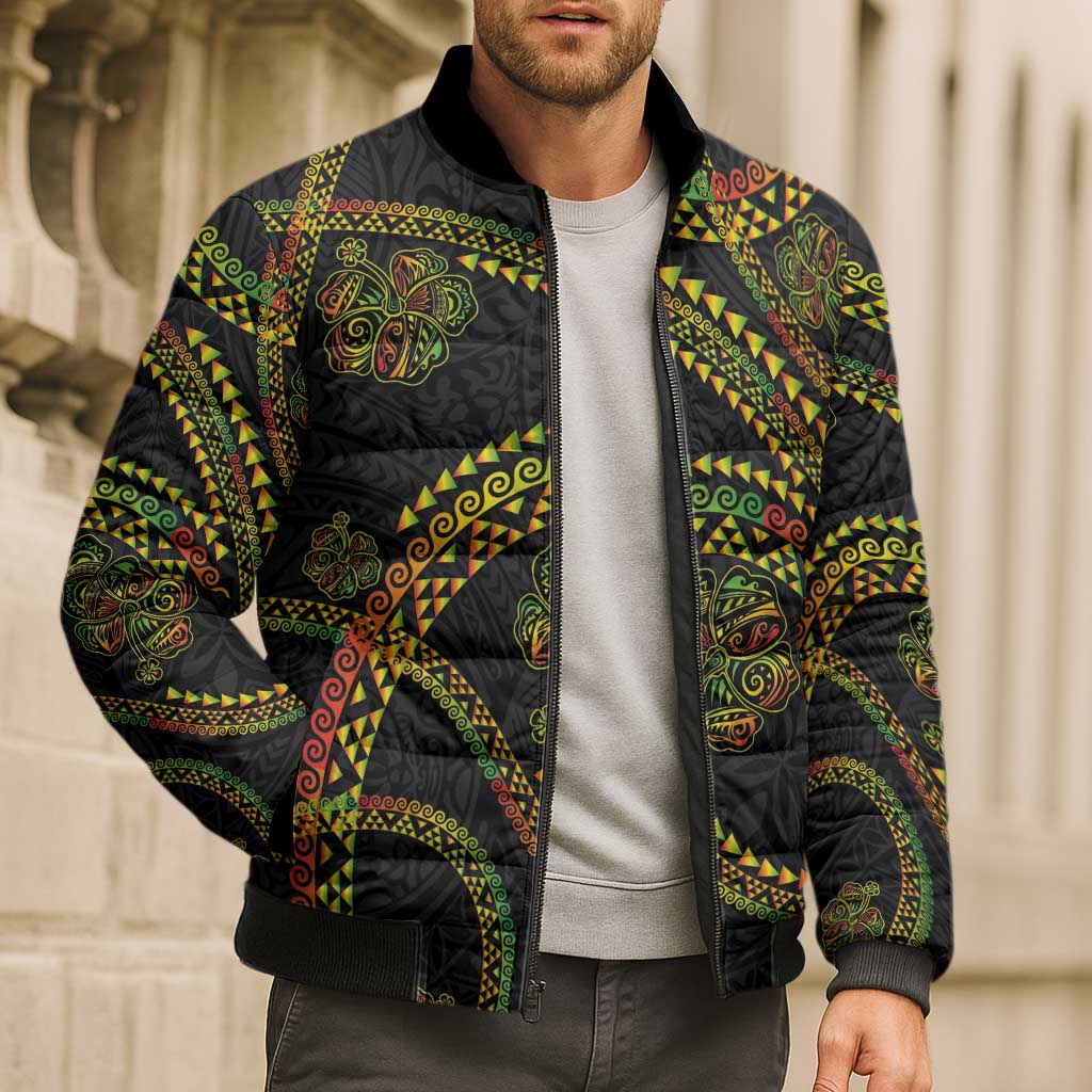 Hawaiian Kakau Art and Hisbiscus Tattoo Bomber Puffer Jacket Tribal Pattern-Reggae Style LT03 - Polynesian Pride