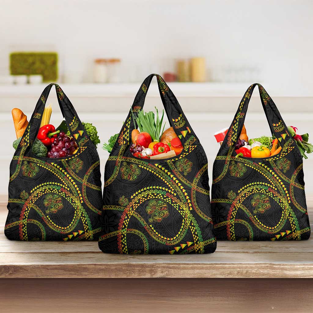 Hawaiian Kakau Art and Hisbiscus Tattoo Grocery Bag Tribal Pattern-Reggae Style LT03 3-pack One Size Black - Polynesian Pride