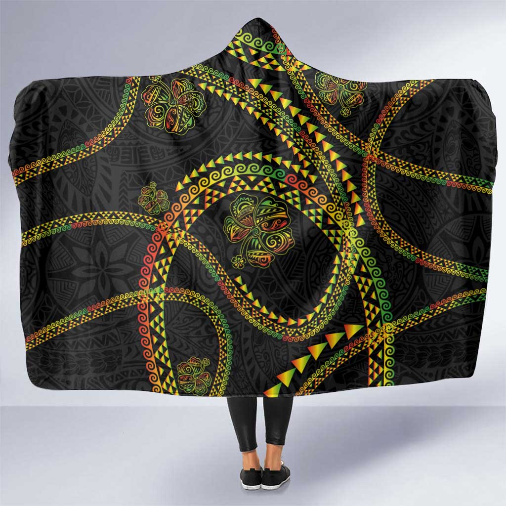 Hawaiian Kakau Art and Hisbiscus Tattoo Hooded Blanket Tribal Pattern-Reggae Style LT03 One Size Black - Polynesian Pride