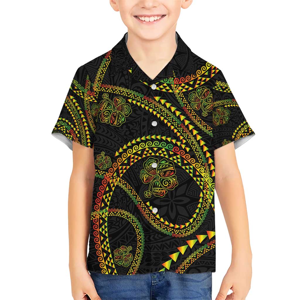 Hawaiian Kakau Art and Hisbiscus Tattoo Kid Hawaiian Shirt Tribal Pattern-Reggae Style LT03 Kid Black - Polynesian Pride