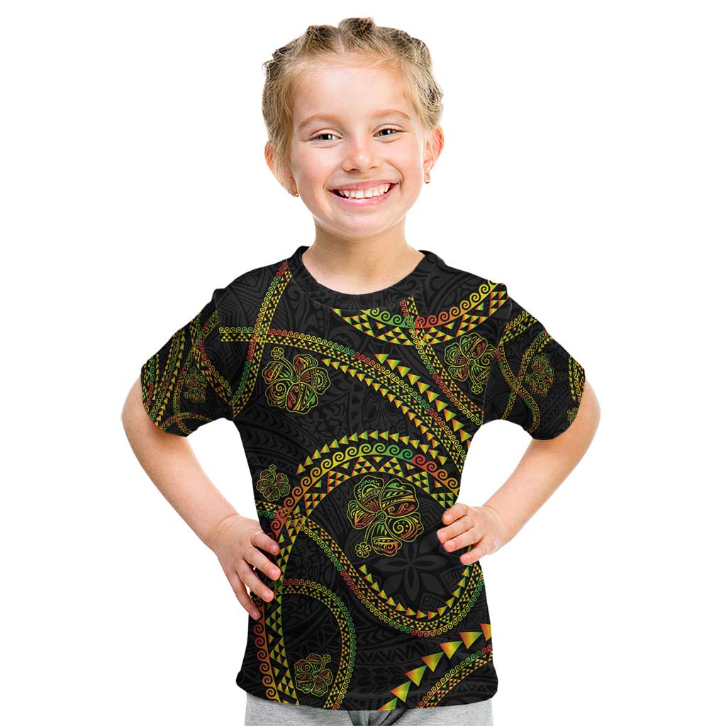 Hawaiian Kakau Art and Hibiscus Tattoo Kid T Shirt Tribal Pattern-Reggae Style LT03 Black - Polynesian Pride