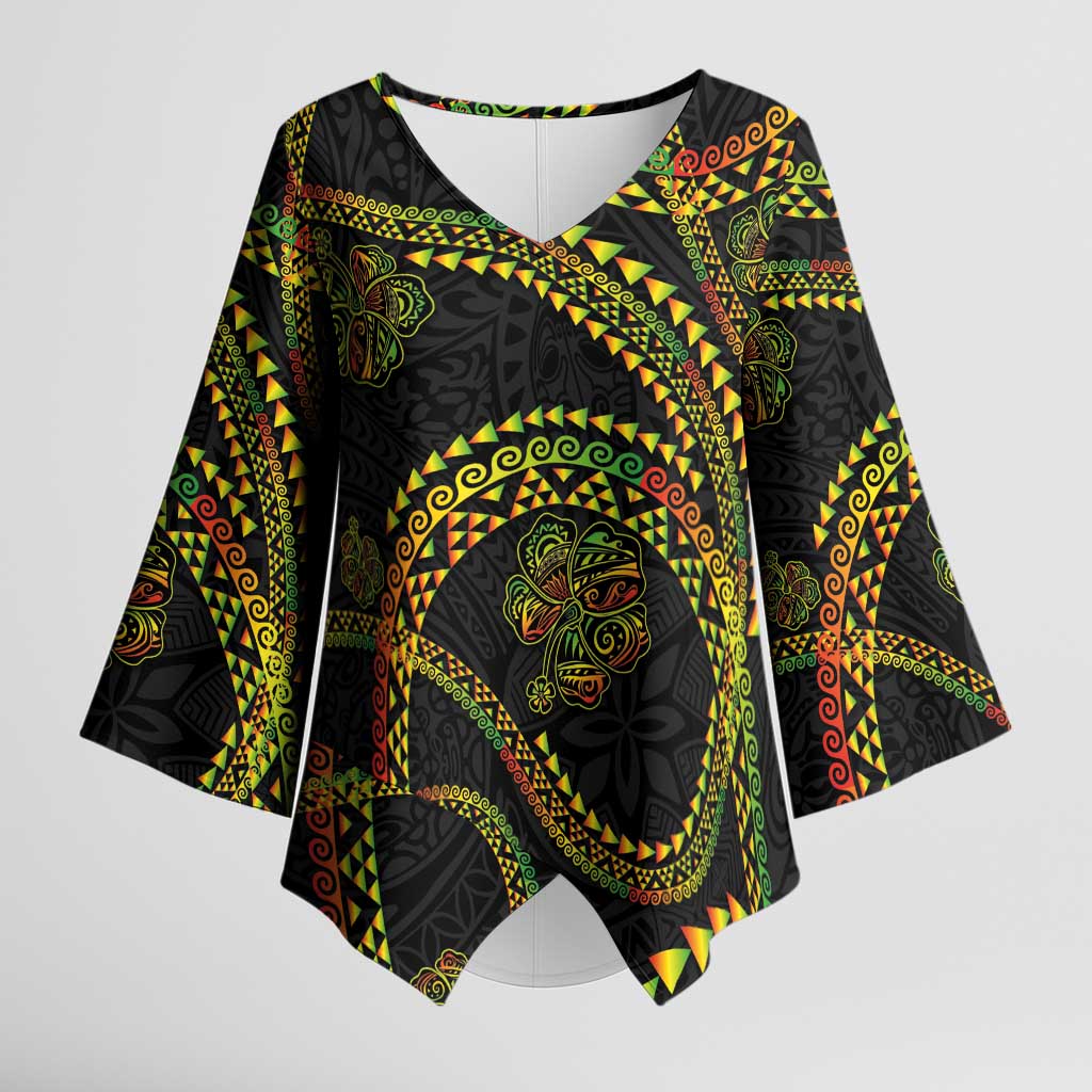 Hawaiian Kakau Art and Hibiscus Tattoo Kimono Sleeve Blouse Tribal Pattern-Reggae Style LT03 Female Black - Polynesian Pride