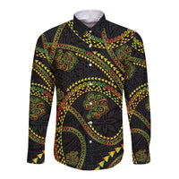 Hawaiian Kakau Art and Hisbiscus Tattoo Long Sleeve Button Shirt Tribal Pattern-Reggae Style LT03 Unisex Black - Polynesian Pride