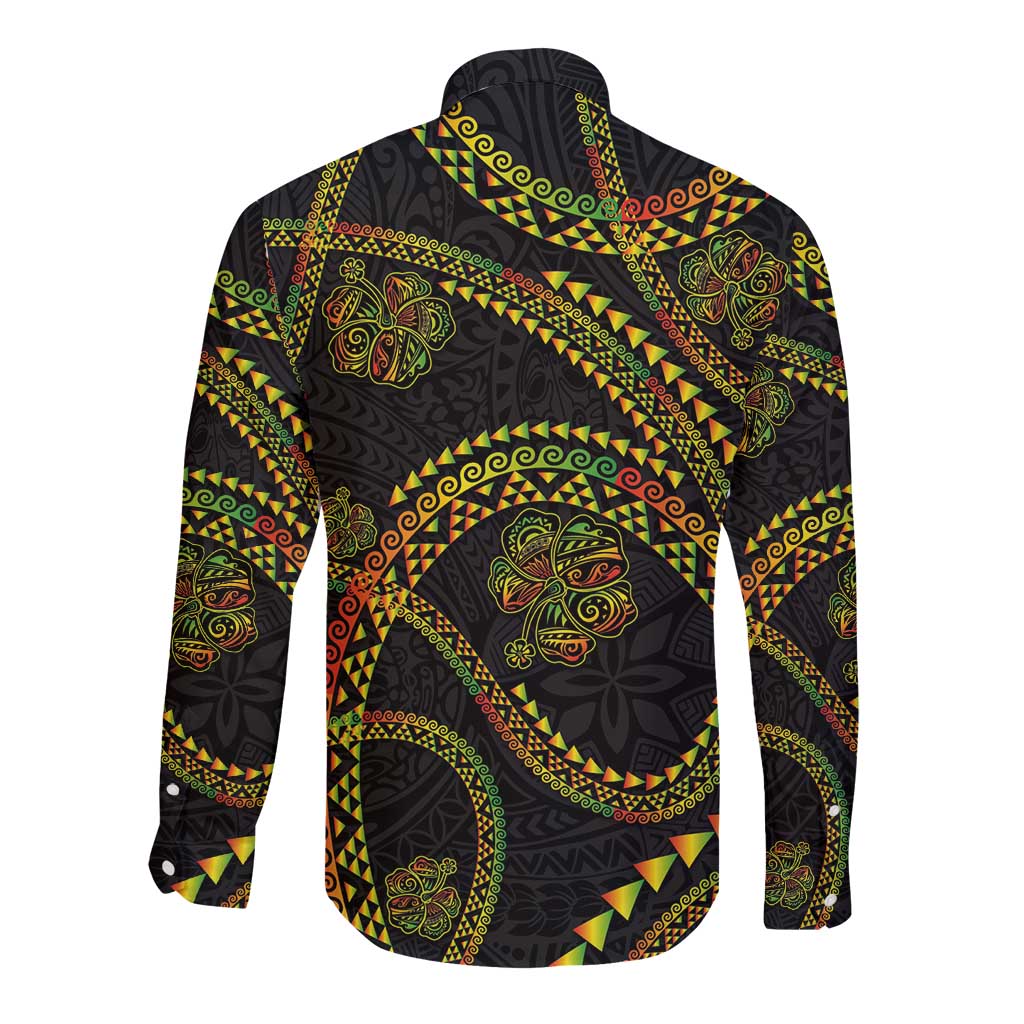 Hawaiian Kakau Art and Hisbiscus Tattoo Long Sleeve Button Shirt Tribal Pattern-Reggae Style LT03 - Polynesian Pride