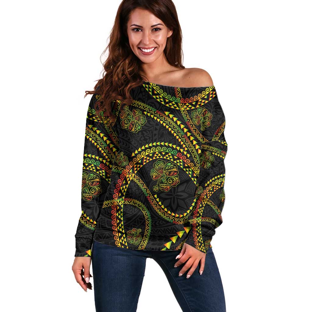 Hawaiian Kakau Art and Hisbiscus Tattoo Off Shoulder Sweater Tribal Pattern-Reggae Style LT03 Women Black - Polynesian Pride