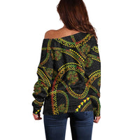 Hawaiian Kakau Art and Hisbiscus Tattoo Off Shoulder Sweater Tribal Pattern-Reggae Style LT03 - Polynesian Pride