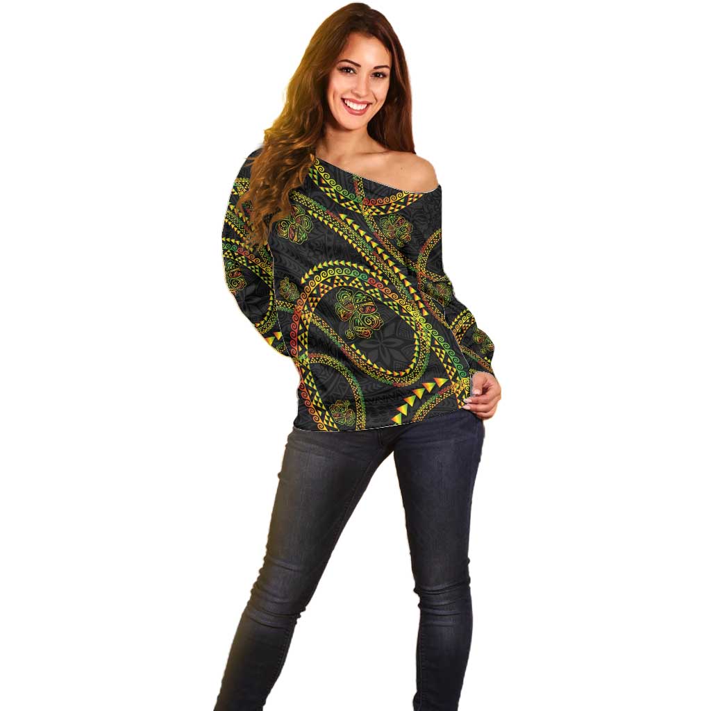 Hawaiian Kakau Art and Hisbiscus Tattoo Off Shoulder Sweater Tribal Pattern-Reggae Style LT03 - Polynesian Pride