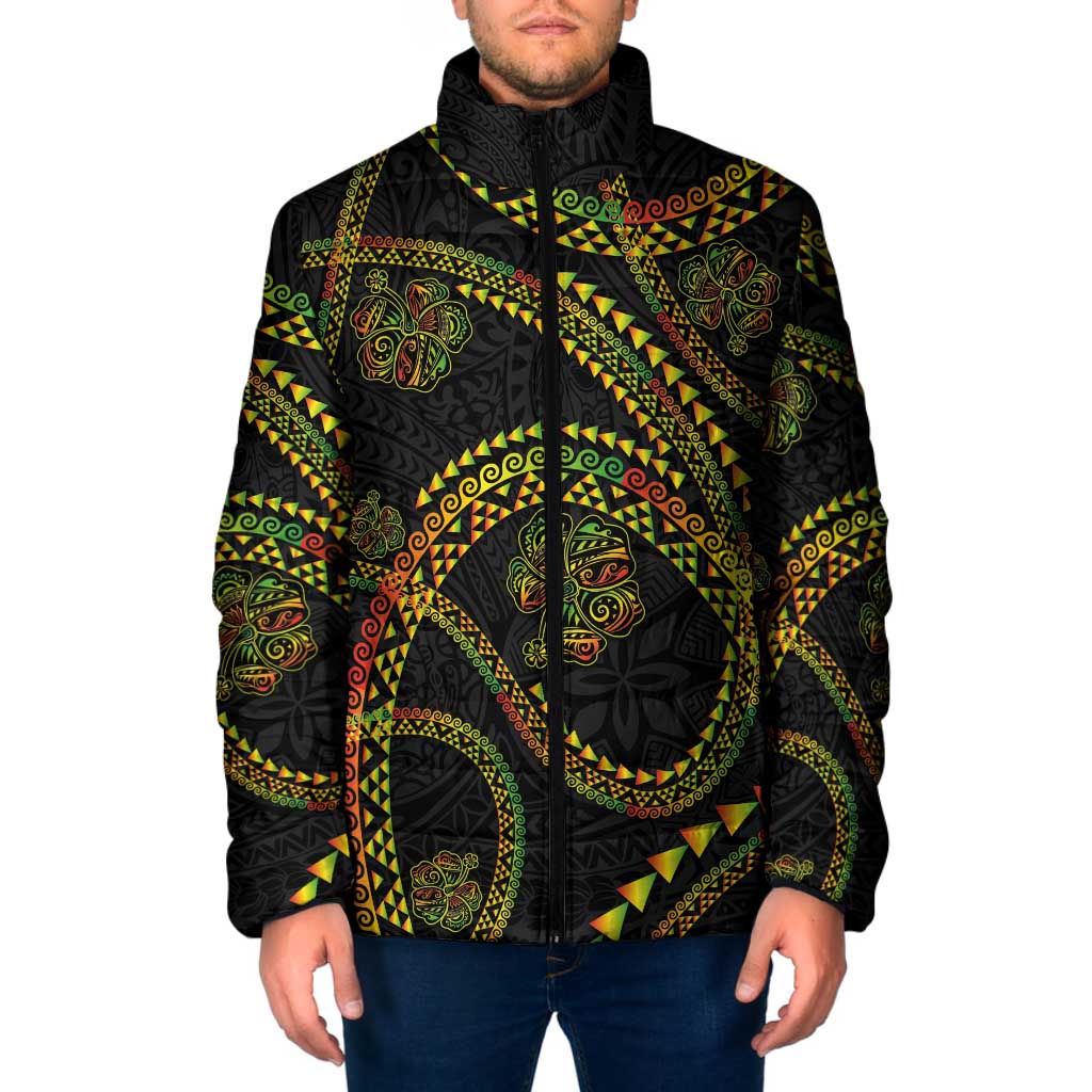 Hawaiian Kakau Art and Hisbiscus Tattoo Padded Jacket Tribal Pattern-Reggae Style LT03 Men Black - Polynesian Pride