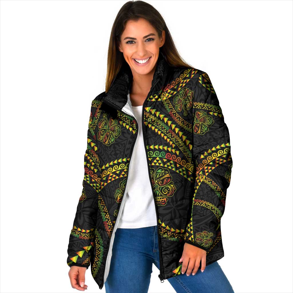 Hawaiian Kakau Art and Hisbiscus Tattoo Padded Jacket Tribal Pattern-Reggae Style LT03 Women Black - Polynesian Pride