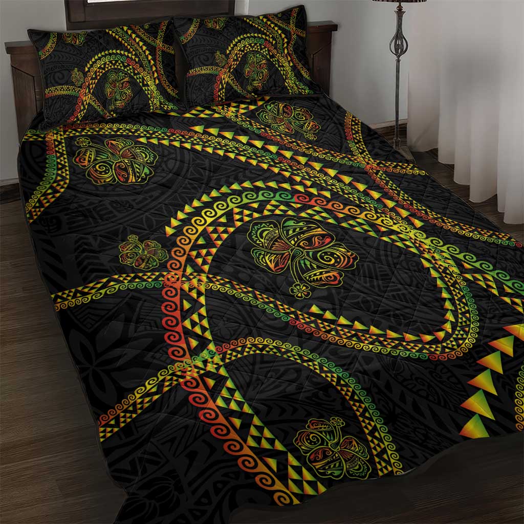 Hawaiian Kakau Art and Hisbiscus Tattoo Quilt Bed Set Tribal Pattern-Reggae Style LT03 Black - Polynesian Pride
