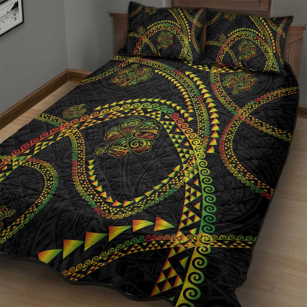 Hawaiian Kakau Art and Hisbiscus Tattoo Quilt Bed Set Tribal Pattern-Reggae Style LT03 - Polynesian Pride