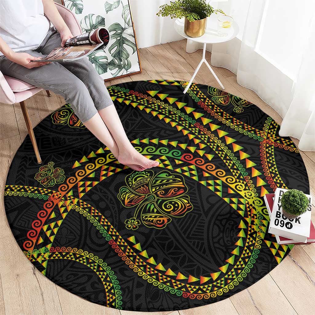 Hawaiian Kakau Art and Hibiscus Tattoo Round Carpet Tribal Pattern-Reggae Style LT03 - Polynesian Pride