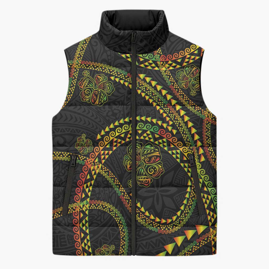 Hawaiian Kakau Art and Hisbiscus Tattoo Sleeveless Puffer Jacket Tribal Pattern-Reggae Style LT03 Unisex Black - Polynesian Pride